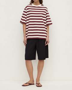 Tops: Assembly Label - Arla Cotton Stripe Short Sleeve Tee - Dark Rasin Cream Stripe
