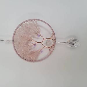 Twin Rose Quartz Trees with Hearts Suncatcher 16cms