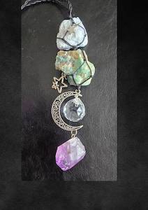 Products: Natural Amethyst, Fluorite and Celestite Moon Hanging Suncatcher