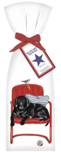 Around The House: Black Lab Relaxing on Chair Kitchen Towel