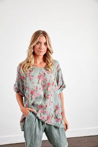 Products: Women's Natural Linen Oversized Floral T-Shirt - The Dressing Room NZ