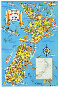 Nz Retro Prints: Vintage NZ Tourism Prints - Fun Map of New Zealand