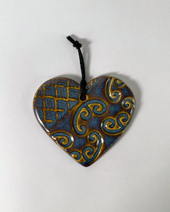 Christmas Decorations: Wall Hanging Ceramic Heart - Kowhaiwhai Blue