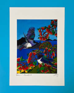 Jo May Design: Art Print by Jo May- Keruru in Pohutukawa