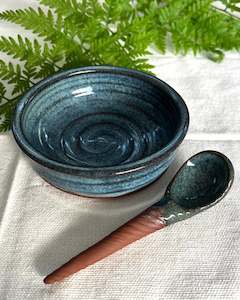 Ceramic Salt Bowl & Spoon Set - Blue Ocean Glaze