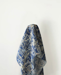 Summer Love: 100% Linen, Blue & White Villages Print 140 cm w, 145 gsm $40