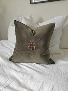 Checkers Cushion: HAND EMBROIDERED - Bee Cushion | Green