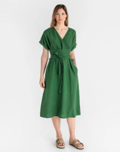 Dresses: Midi linen Kimono Dress in Green