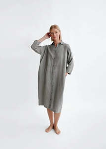 Dresses: Oversized Linen Shirt Dress - Grey