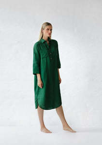 Dresses: Linen shirt dress | Green
