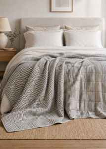 Linen Quilted Bed Cover - Black and White Stripe