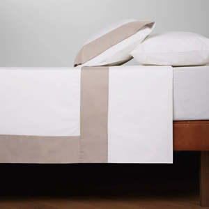 Hotel Luxury Bedding: Ruben Cotton Percale Duvet Set | White & Taupe Border