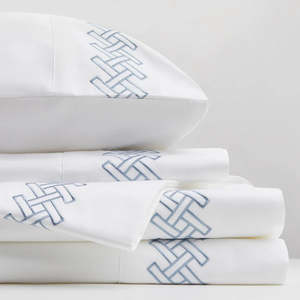 Rattan Weave Embroidered Flat Sheet Set | Mediterranean Blue