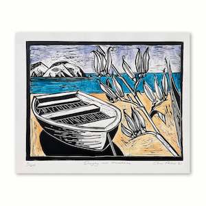 Anna Palmer: Dinghy and Harakeke  |  Print  |  by Anna Palmer