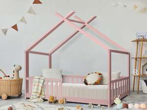 Beds: Minto Single Wooden House Bed Frame - Pink