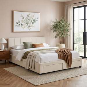 On Sale: Charlotte Queen Bed Frame with 4 Drawers - Beige