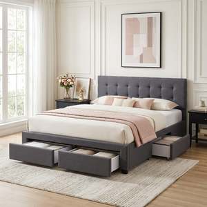 Eleanor Queen Bed Frame with 4 Drawers - Dark Grey