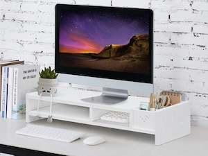 Laptop Stand: 2 Tier Monitor Stand Riser Storage Organizer Shelf - White