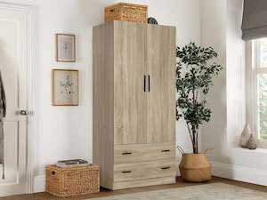 Wardrobe: Bram 2 Door Wardrobe with 2 Drawers - Oak