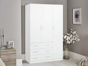 Wardrobe: Tongass 3 Door Wardrobe with 3 Drawers - White