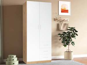 Wardrobe: Harris 2 Door Wardrobe with 3 Drawers - Oak+White