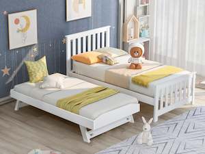HOBSON Single Wooden Trundle Bed Frame - WHITE