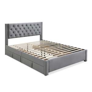 Queen Beds: Montana Queen Bed Frame with 4 Drawers - Grey