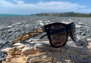 Jewellery And Glasses: Sunglasses with kowhaiwhai patterned arms by Miriama Grace-Smith.