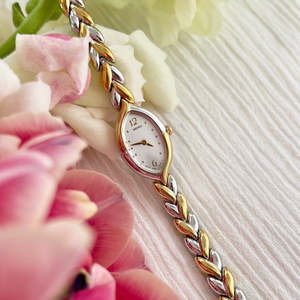 Bridal Watches: Seiko Ladies Teardrop Watch with Two Tone Leaf Link Bracelet and White Dial