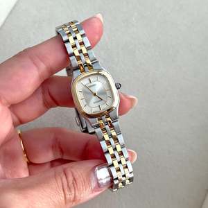 Seiko Exceline Two Tone Soft Rectangular Womens Watch with Silver Sunburst Dial