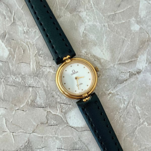 Leather Strap: Omega De Ville Gold Tone Round Raised Bezel Women's Watch
