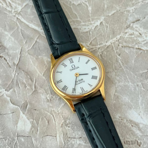 Leather Strap: Omega De Ville Ellipse Gold Tone Roman Numerals Women's Watch