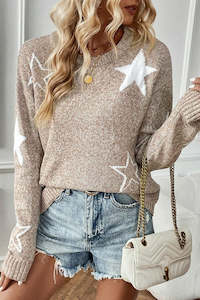 Sweaters & Cardigans/Sweaters: Khaki Star Pattern Drop Shoulder Sweater