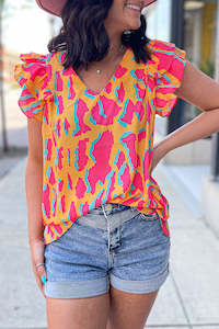 Tops/Blouses & Shirts: Orange Abstract Print V Neck Ruffled Sleeve Blouse