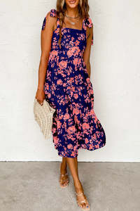 Dresses/Floral Dresses: Blue Tie Shoulder Straps Tiered Floral Dress