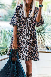 Countryoutfitters: Black Leopard Puff Sleeve Buttons Front Shirt Dress