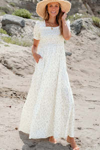 Countryoutfitters: White Frilly Shirred Bodice Tiered Floral Maxi Dress