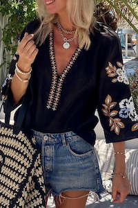 Amberley1971: Black Bohemian Floral Embroidered V Neck Blouse