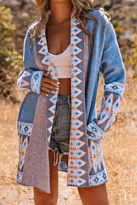Amberley1971: Blue Aztec Print Open Front Knitted Cardigan