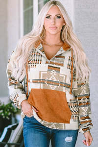 Amberley1971: Beige Aztec Print Kangaroo Pocket Half-Zip Hoodie