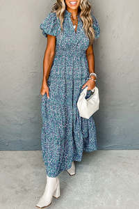 Amberley1971: Blue Printed V Neck Shirred Short Puff Sleeve Maxi Dress