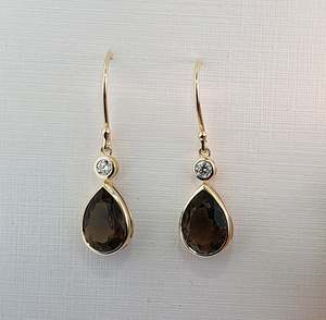 Earrings: Smokey Quartz & Lab Grown Diamond 9ct Gold Earrings