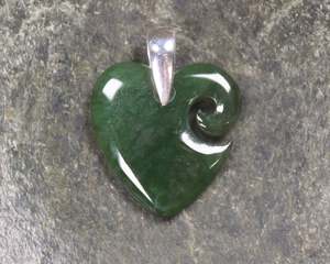 NZ Greenstone Sterling Silver Small Koru Heart Pendant (BM495) Kawakawa Pounamu