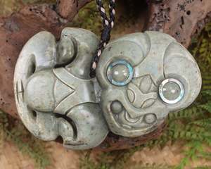 Hei Tiki: NZ Greenstone XXLarge Hei Tiki Pendant (BH890) Kokopu Pounamu