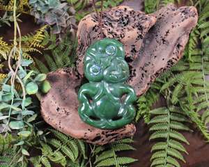 NZ Greenstone XXLarge Hei Tiki Pendant (R715) Hapopo Pounamu