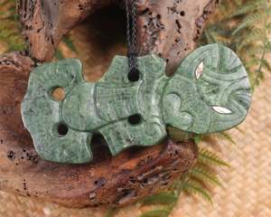 NZ Greenstone XLarge Hei Tiki Pendant (BA645) Hapopo Pounamu