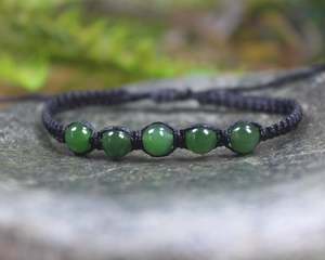 Greenstone Corded Bracelets: NZ Greenstone Adjustable Beaded Cord Bracelet (BB724) Kawakawa Pounamu
