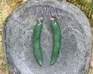 NZ Greenstone Medium Huia Beak Earrings (BH532) Hapopo Pounamu