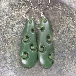 NZ Greenstone Medium Roimata with Koru Earrings (BN357) Hapopo Pounamu