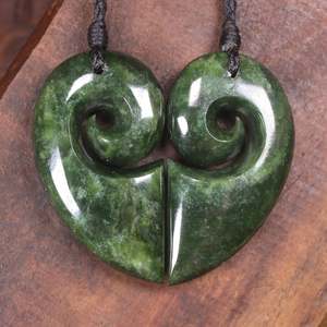 NZ Greenstone Medium Matching Pair of Koru Heart Pendants (BP106) Kawakawa Pounamu